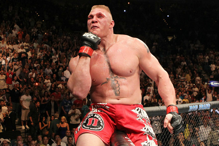 Lesnar reacts after submission win at UFC 116 (Photo by Josh Hedges/Zuffa LLC/Zuffa LLC via Getty Images)