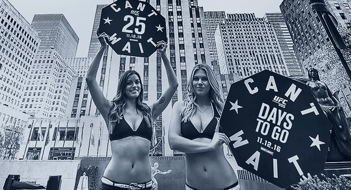 NEW YORK, NY - Sept. 27 - (L-R) Vanessa Hanson and Chrissy Blair tour New York City to help promote UFC 205 at Madison Square Garden No. 12. (Brandon Magnus/Zuffa LLC)