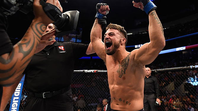 LAS VEGAS, NV - AUG. 20: Mike Perry celebrates after defeating Hyun Gyu Lim of South Korea in their welterweight bout during the UFC 202 event at T-Mobile Arena. (Photo by Josh Hedges/Zuffa LLC)