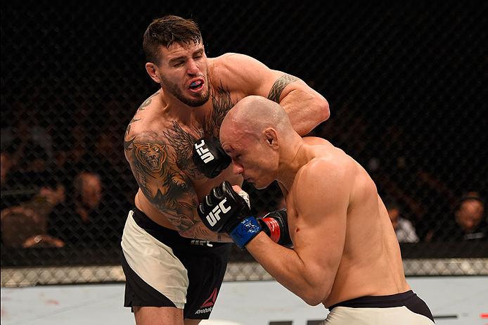 LAS VEGAS, NV - MAY 29: (L-R) Chris Camozzi elbows Vitor Miranda of Brazil in their middleweight bout during the UFC Fight Night event inside the Mandalay Bay Events Center on May 29, 2016 in Las Vegas, Nevada. (Photo by Josh Hedges/Zuffa LLC)