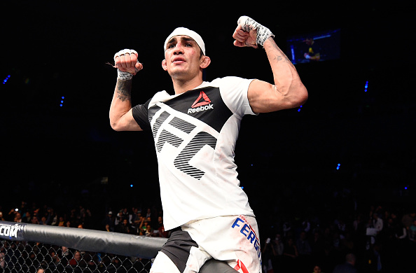 MEXICO CITY, MEXICO - NOV. 05: Tony Ferguson of the United States celebrates his victory over Rafael Dos Anjos of Brazil in their lightweight bout during the UFC Fight Night event at Arena Ciudad de Mexico. (Photo by Jeff Bottari/Zuffa LLC)