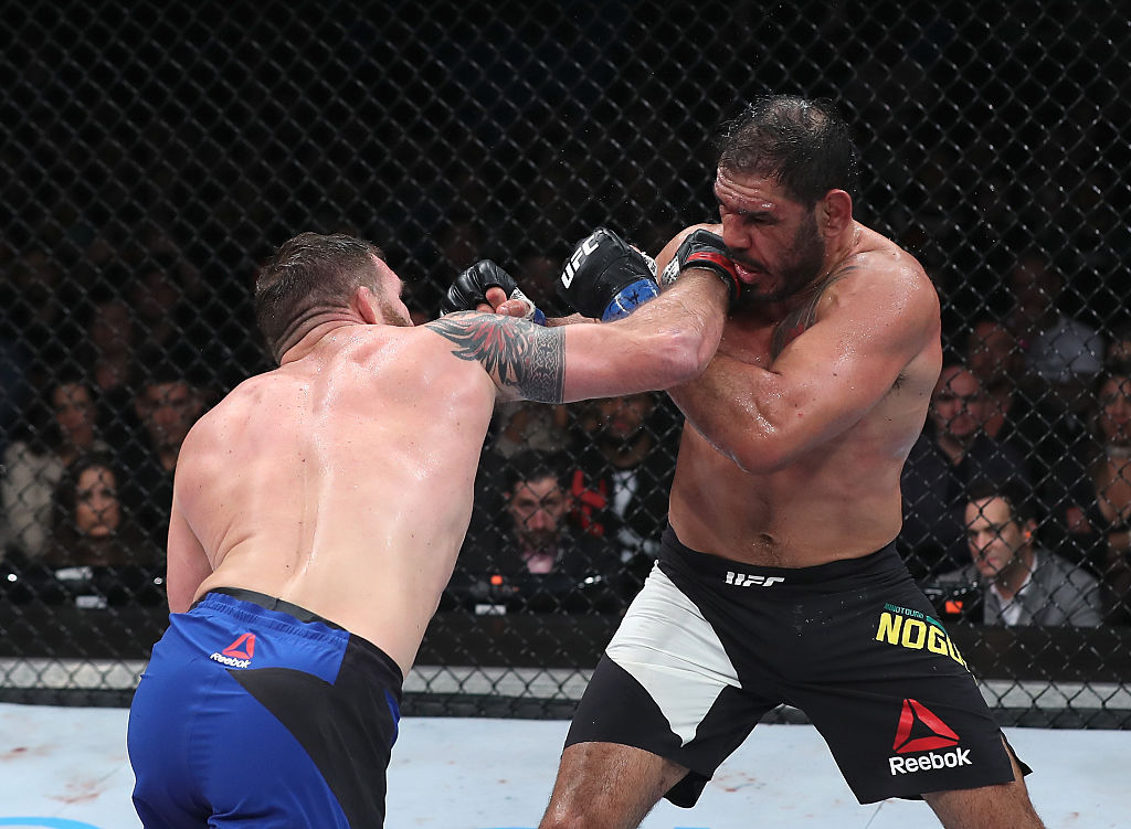 SAO PAULO, BRAZIL - NOVEMBER 19: Ryan Bader of the United States punches Antonio Rogerio Nogueira of Brazil during their light heavyweight bout at UFC Fight Night Bader v Minotouro at Ibirapuera Gymnasium on November 19, 2016 in Sao Paulo, Brazil. (Photo by Buda Mendes/Zuffa LLC)