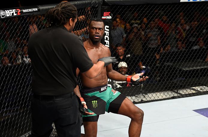 Uriah Hall reacts for the referee rewarded <a href='../fighter/Derek-Brunson'>Derek Brunson</a> a TKO during the two’s clash at Fight Night Hidalgo“ align=“right“ /> can’t understand and I’ve been training for most of my life and I’ve lost something,’” Hall explained. “It was more to encourage him, to say, ‘Don’t waste the gift that you have and your opportunity right now to grow.’”</p><p>His brother, Malik Blake, is an aspiring fighter, currently chasing his dreams on the amateur circuit, sporting fast hands and a ton of promise. When Hall told him his decision, Blake threw a quick counter.</p><p>“He basically said, ‘Well, if you’re going to quit then I’m going to quit too,” recalled Hall, setting up the back-and-forth between siblings that turned into a “light bulb moment” for the UFC middleweight.</p><p>“‘You can’t quit.’”</p><p>“‘Why are you quitting?’”</p><p>“‘I kind of came to terms with myself that I can’t do this.’”</p><p>“’Well I’m gonna quit too because you’re the reason I got into this and if you’re not gonna do it, I’m not gonna do it.’”</p><p>The last one left Hall reeling.</p><p>“I just had a moment saying to myself, ‘If I quit and he quits, that’s not good,’” explained Hall, who obviously changed his mind and carries a 13-7 record into Saturday’s main event assignment against Mousasi. “You never know who’s watching you.</p><p>“I’ve had many times where people have messaged me saying, ‘Because of you, I didn’t quit’ and I didn’t really understand it until my little brother said he was going to quit too and I really had an emotional moment. That changed my mindset and then I got the call, got another opportunity.”</p><p>Hall and Mousasi first crossed paths just over a year ago, sharing the cage in Saitama, Japan.</p><p>The former <a href=