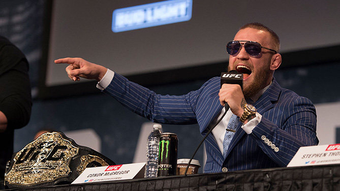 NEW YORK, NY - SEPT. 27: UFC featherweight champion Conor McGregor of Ireland interacts with the media and fans during the UFC 205 press event at Madison Square Garden. (Photo by Jeff Bottari/Zuffa LLC)