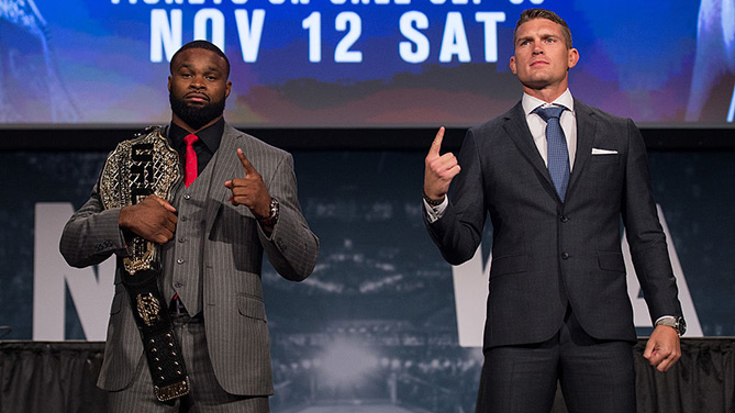 NEW YORK, NY - SEPT. 27: (L-R) UFC welterweight champion Tyron Woodley and Stephen Thompson pose for a picture during the UFC 205 press event at Madison Square Garden. (Photo by Brandon Magnus/Zuffa LLC)