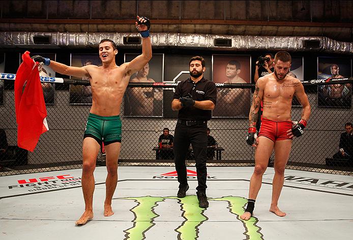 Claudio Puelles celebrates his victory over Marcelo Rojo as he advances to <a href='../event/Ultimate-Fighter-Team-Serra-vs-Team-Hughes-Finale'><a href='../event/The-Ultimate-Fighter-Team-US-vs-Team-UK-FINALE'><a href='../event/The-Ultimate-Fighter-Heavyweights-FINALE'>The Ultimate fighter:</a></a></a> Latin America Finale.“ align=“right“ /></p><p>Sporting a 8-1 record with six of his wins coming by way of finish, “El Nino” earned finishes over Jose David Flores and Pablo Sabori before collecting a unanimous decision win over Marcelo Rojo in the semifinals to advance to face Bravo in the battle of first-overall selections from each side. The Peruvian youngster was one of the few true lightweights in the competition, and while sticking to a strict diet and having to hit the 155-pound limit three times during the season was daunting, that size advantage could come in handy as he takes on Bravo.</p><p>Fans in Latin America have really taken to the top talent coming out of the reality competition and Puelles can rely on advice from his Pitbull Martial Arts teammate <a href=