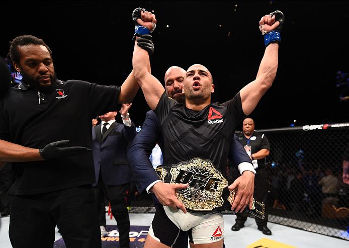 Eddie Alvarez celebrates after defeating Rafael Dos Anjos in July for the UFC lightweight title