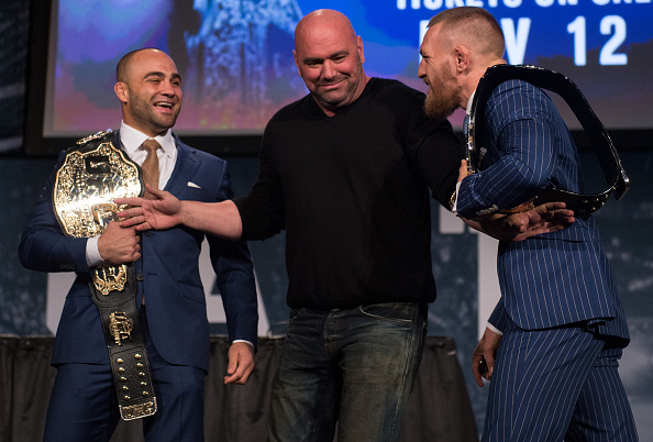 <a href='../fighter/Conor-McGregor'>Conor McGregor</a> and Eddie Alvarez exchange words at the UFC 205 pre-fight press conference in New York City“ align=“center“ /><br /><strong>Eddie Alvarez vs. Conor McGregor (Lightweight Championship)</strong><p>While McGregor chasing history is the major narrative of this fight, it will be Alvarez who gets introduced last as it is his lightweight title that is up for grabs in the UFC 205 main event.</p><p>“The Underground King” became the man in the spotlight in July, striding into the cage and putting it on Dos Anjos to become the new champion. After suffering a loss to <a href=