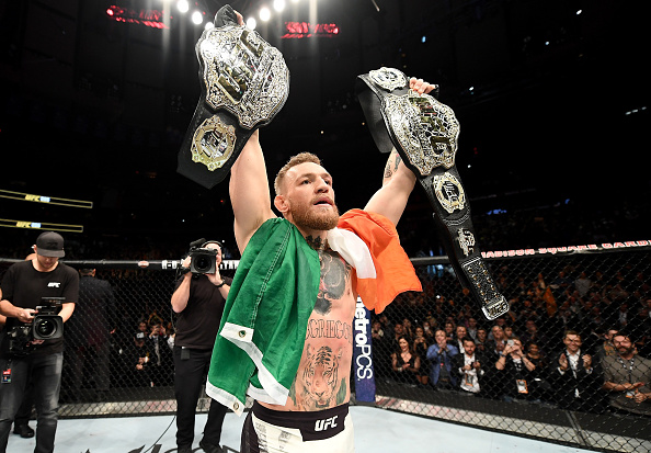 NEW YORK, NY - NOVEMBER 12: Conor McGregor of Ireland celebrates his KO victory over Eddie Alvarez of the United States in their lightweight championship bout during the UFC 205 event at Madison Square Garden on November 12, 2016 in New York City. (Photo by Jeff Bottari/Zuffa LLC)