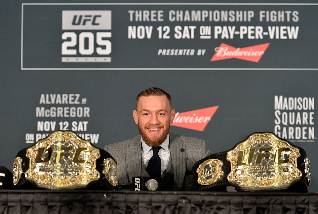 NEW YORK, NY - NOVEMBER 12: UFC featherweight and lightweight champion Conor McGregor of Ireland speaks to the media during the UFC 205 post fight press conference at Madison Square Garden. (Photo by Brandon Magnus/Zuffa LLC)