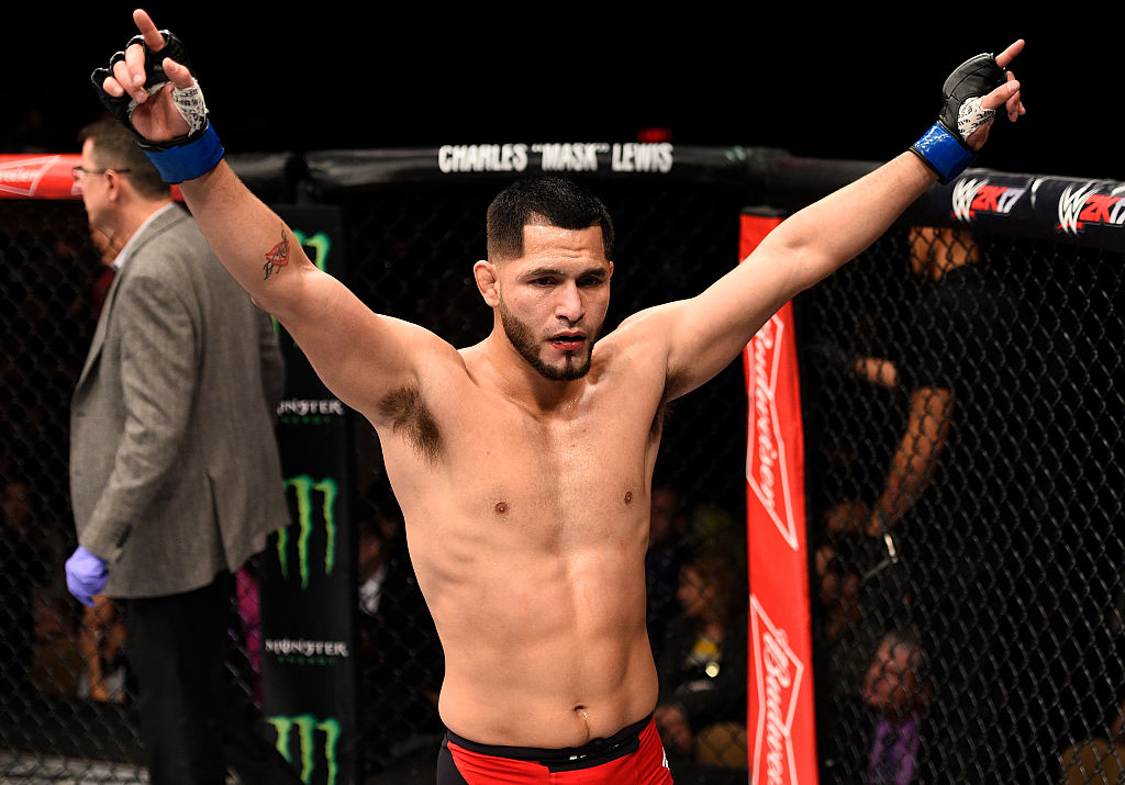 LAS VEGAS, NV - DECEMBER 03: Jorge Masvidal celebrates after his TKO victory over Jake Ellenberger in their welterweight bout during The Ultimate Fighter Finale event inside the Pearl concert theater at the Palms Resort & Casino on December 3, 2016 in Las Vegas, Nevada. (Photo by Jeff Bottari/Zuffa LLC)