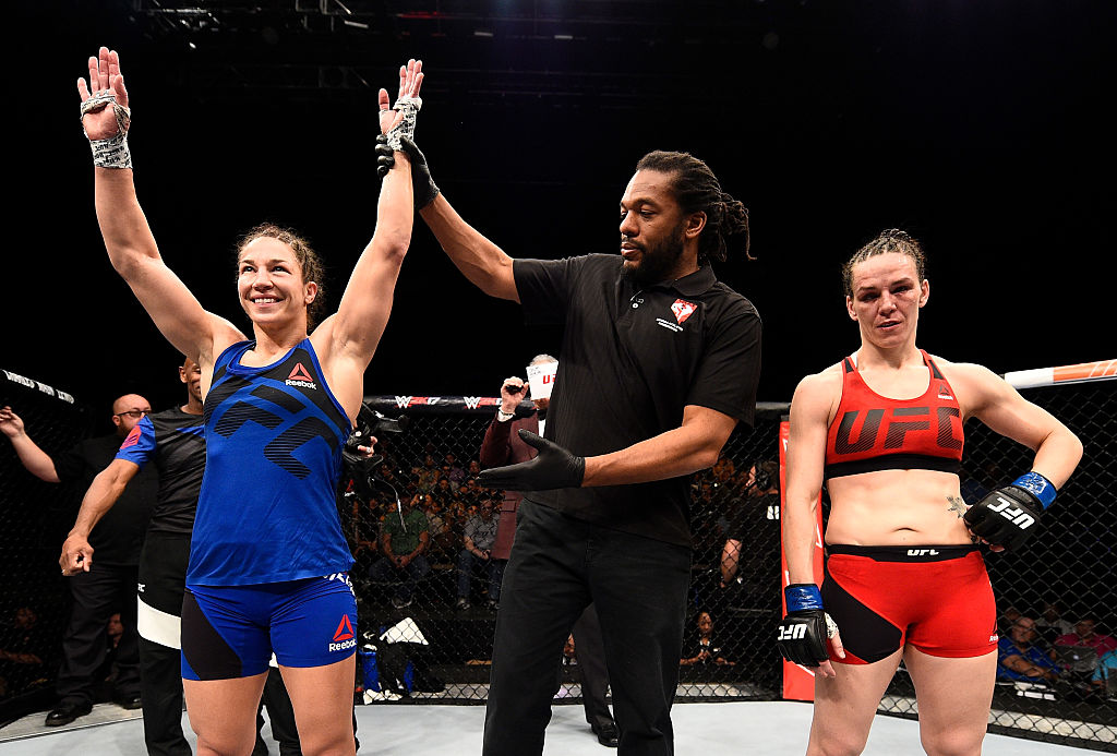 LAS VEGAS, NV - DECEMBER 03: Sara McMann celebrates after her submission victory over Alexis Davis of Canada during The Ultimate Fighter Finale event inside the Pearl concert theater at the Palms Resort & Casino on December 3, 2016 in Las Vegas, Nevada. (Photo by Jeff Bottari/Zuffa LLC)