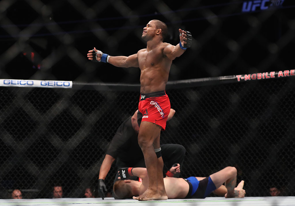 Alex Garcia of the Dominican Republic reacts to his victory over Mike Pyle in their welterweight bout during UFC 207. (Photo by Christian Petersen/Getty Images)