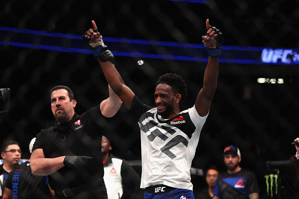 Neil Magny reacts to his victory over Johny Hendricks. (Photo by Christian Petersen/Getty Images)