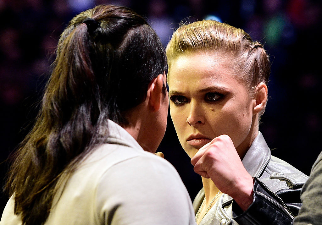 NEW YORK, NY - NOV. 11: (R-L) UFC 207 opponents Ronda Rousey and Amanda Nunes face off during the UFC 205 weigh-in inside Madison Square Garden. (Photo by Mike Roach/Zuffa LLC)