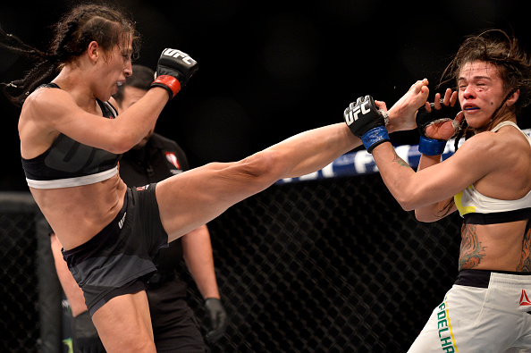 <a href='../fighter/Joanna-Jedrzejczyk'>Joanna Jedrzejczyk</a> lands a kick to <a href='../fighter/Claudia-Gadelha'>Claudia Gadelha</a> during their strawweight title fight in July“ align=“center“/><br /><strong>6. Joanna Jedrzejczyk-Claudia Gadelha II</strong><br />For world-class fighting at its highest level, look no further than July’s five-rounder between strawweight champion Joanna Jedrzejczyk and Claudia Gadelha. An intense fight from start to finish, Jedrzejczyk proved her championship mettle in the toughest fight of her career, and Gadelha showed that she has the talent and determination to make another run at the crown.<p><strong>7. Polo Reyes-“Maestro” <a href=