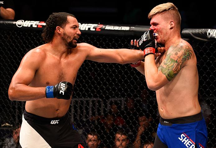 <a href='../fighter/justin-ledet'>Justin Ledet</a> punches <a href='../fighter/chase-sherman'>Chase Sherman</a> during his UFC debut at Fight Night Salt Lake City“ align=“center“/><br /><strong>7. Justin Ledet</strong><br />One of the year’s most under the radar prospects, Justin Ledet won’t be in that category anymore in 2017, especially in a heavyweight division hungry for new blood. Ledet showed off a crisp striking attack in his debut win over Chase Sherman, but just when we thought we had him figured out, the Texan showed off his submission game in finishing <a href=