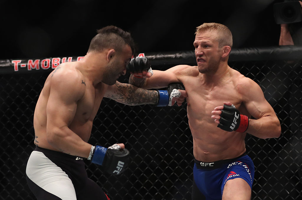 TJ Dillashaw punches John Lineker of Brazil in their bantamweight bout. (Photo by Christian Petersen/Getty Images)