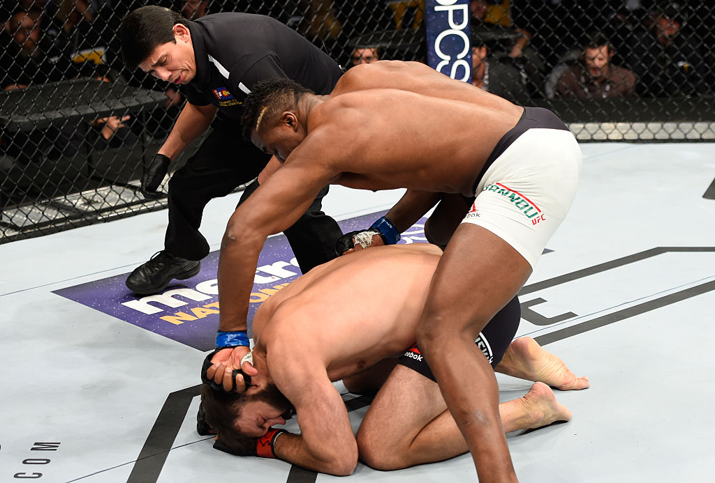 DENVER, CO - JANUARY 28: Francis Ngannou of Cameroon (top) punches Andrei Arlovski of Belarus in their heavyweight bout during the UFC Fight Night event at the Pepsi Center on January 28, 2017 in Denver, Colorado. (Photo by Josh Hedges/Zuffa LLC)