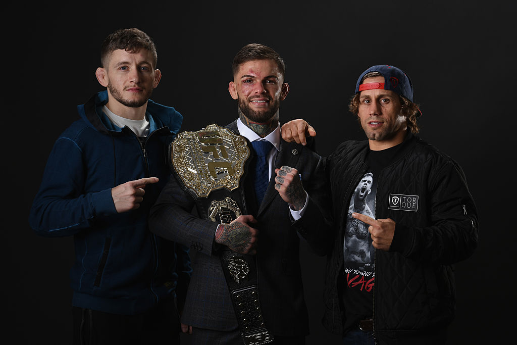 (Left-to-right) Holdsworth, Garbrandt and Faber have plenty to celebrate at Team Alpha Male (Photo by Mike Roach/Zuffa LLC/Zuffa LLC via Getty Images)