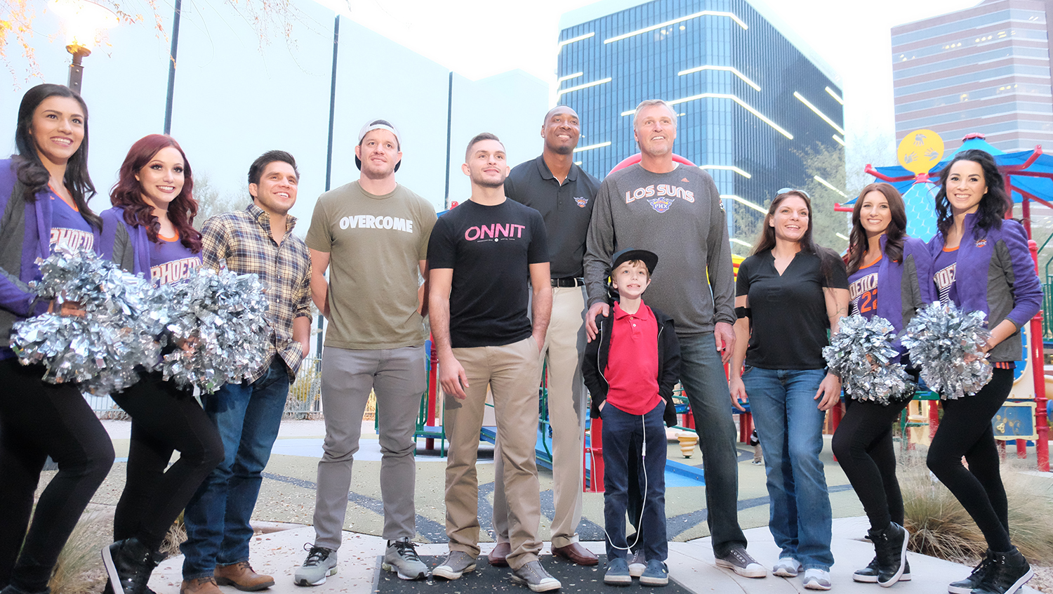 Henry Cejudo, CB Dollaway, Johnny Case and Lauren Murphy with Tom Chambers and Steven Hunter from the Phoenix Suns at Ryan House. (Photo credit Juan Cardenas)