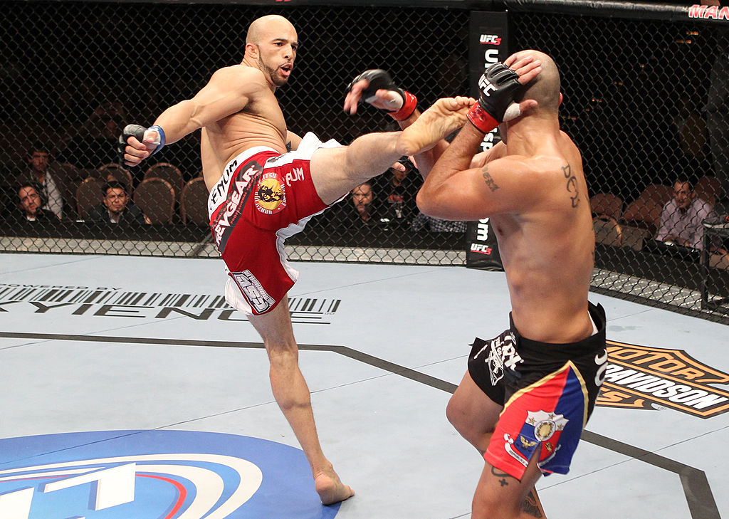 LAS VEGAS, NV - OCTOBER 29: (L-R) Eliot Marshall kicks Brandon Vera during the UFC 137 event at the Mandalay Bay Events Center on October 29, 2011 in Las Vegas, Nevada. (Photo by Jed Jacobsohn/Zuffa LLC)