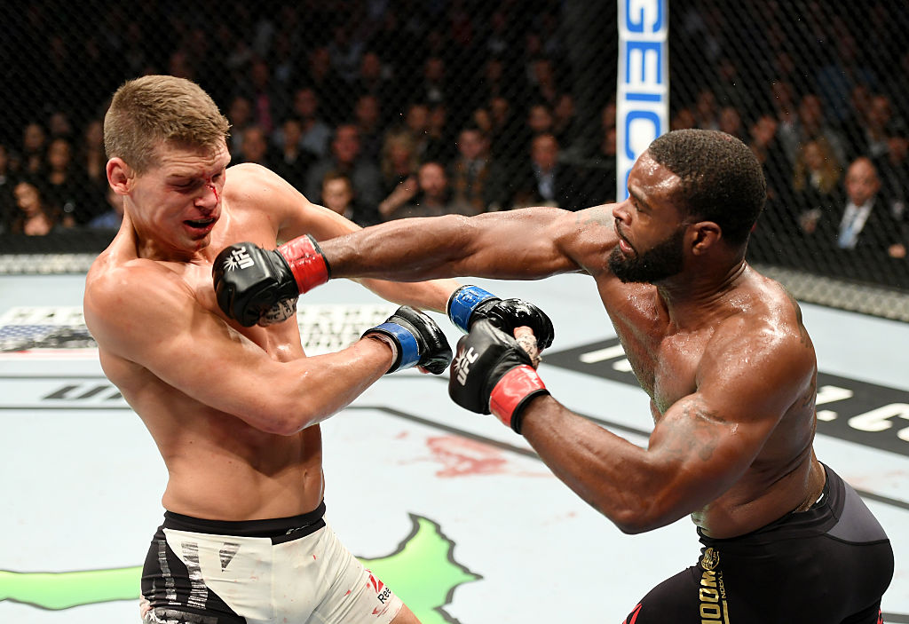 NEW YORK, NY - NOVEMBER 12: Tyrone Wodley (right) of the United States fights against Stephen Thompson of the United States in their welterweight championship bout during the UFC 205 event at Madison Square Garden on November 12, 2016 in New York City. (Photo by Jeff Bottari/Zuffa LLC)