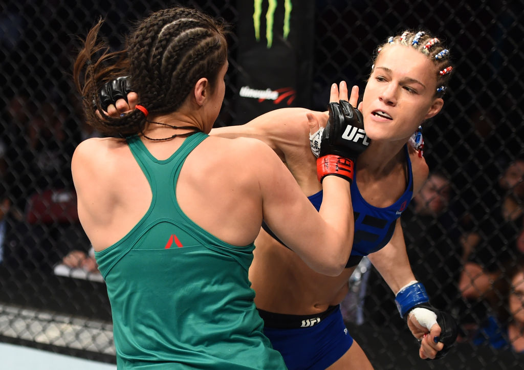 HOUSTON, TX - FEBRUARY 04: (R-L) Felice Herrig punches Alexa Grasso of Mexico in their women's strawweight bout during the UFC Fight Night event at the Toyota Center on February 4, 2017 in Houston, Texas. (Photo by Jeff Bottari/Zuffa LLC)