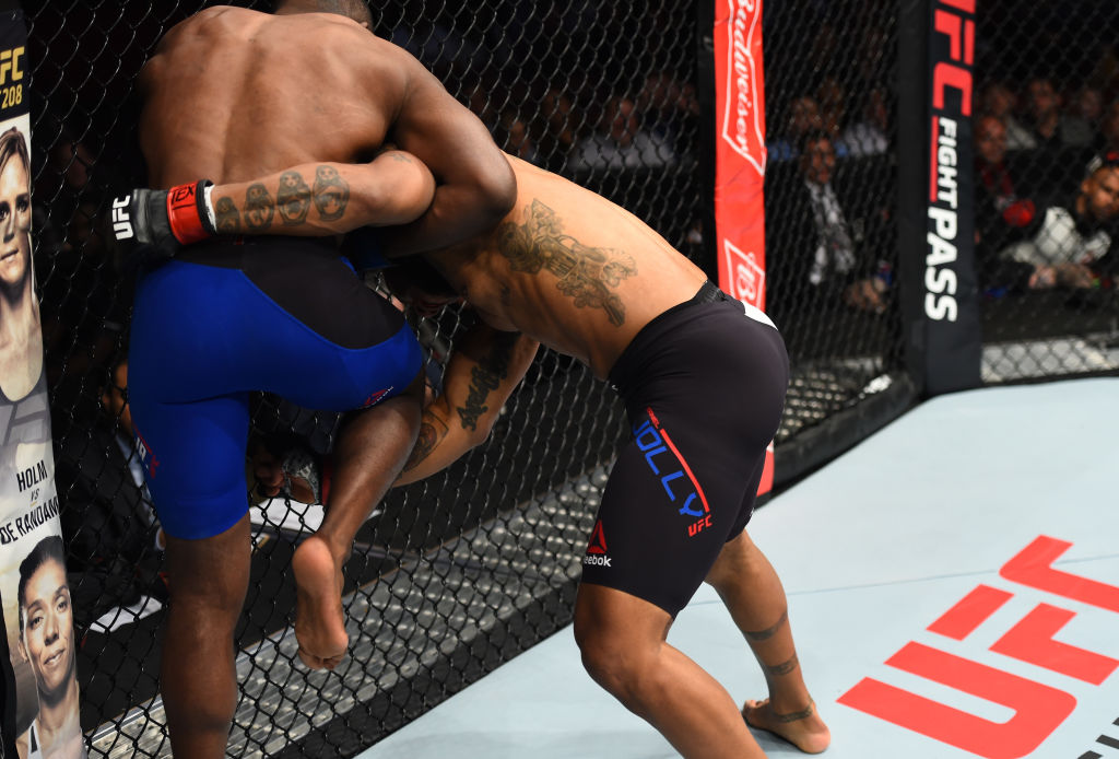 HOUSTON, TX - FEBRUARY 04: (L-R) Khalil Rountree Jr. knees Daniel Jolly in their light heavyweight bout during the UFC Fight Night event at the Toyota Center on February 4, 2017 in Houston, Texas. (Photo by Jeff Bottari/Zuffa LLC)