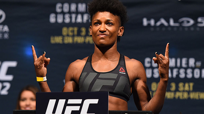 HOUSTON, TX - OCTOBER 02: Angela Hill steps on the scale during the UFC 192 weigh-in at the Toyota Center on October 2, 2015 in Houston, Texas. (Photo by Josh Hedges/Zuffa LLC)