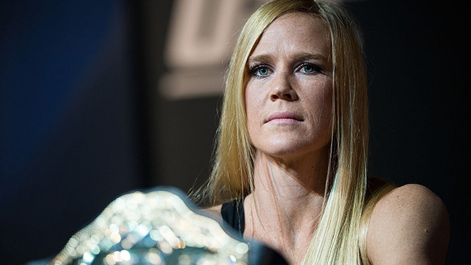 LAS VEGAS, NV - MARCH 3: Former UFC bantamweight champion Holly Holm speaks to the media during the UFC 196 Press Conference at David Copperfield Theater in the MGM Grand Hotel/Casino. (Photo by Brandon Magnus/Zuffa LLC)