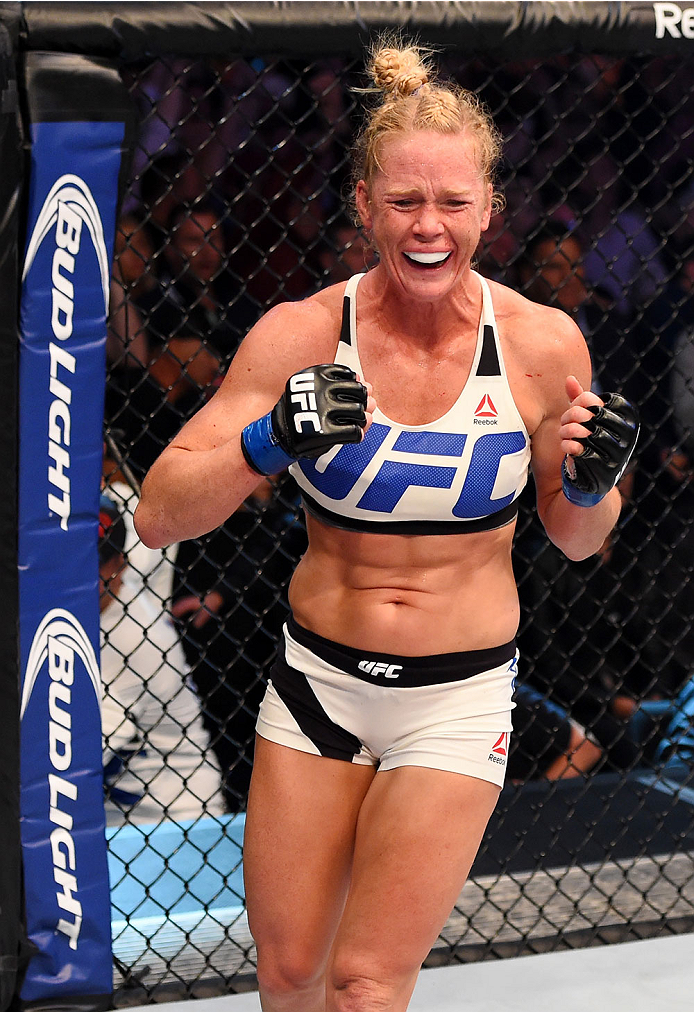 Holly Holm celebrates after defeating <a href='../fighter/Ronda-Rousey'>Ronda Rousey</a> to become the UFC women’s bantamweight champion“ align=“right“/> UFC 196 before getting picked apart on the feet by pending title challenger <a href=