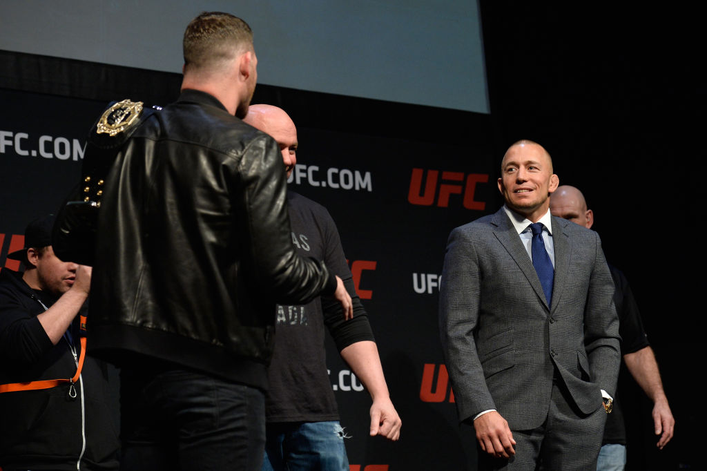 LAS VEGAS, NV - MARCH 03: (R-L) George St-Pierre and UFC middleweight champion Michael Bisping the UFC press conference at T-Mobile arena on March 3, 2017 in Las Vegas, Nevada. (Photo by Brandon Magnus/Zuffa LLC)