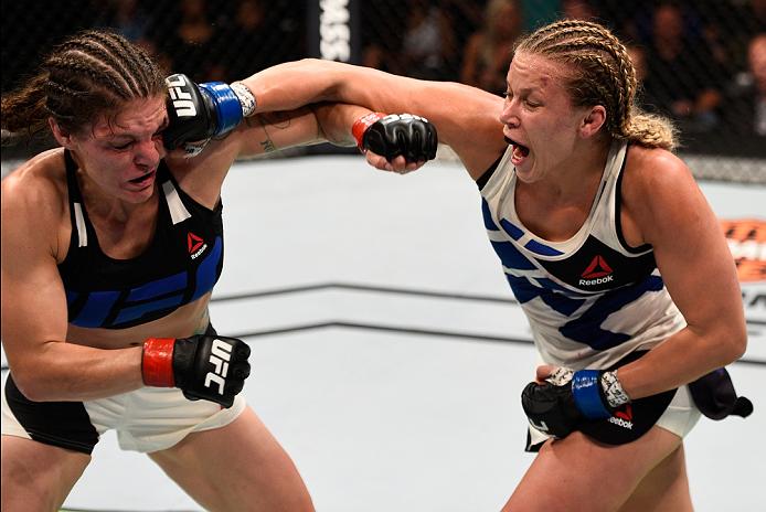 SIOUX FALLS, SD - JULY 13: (L-R) Lauren Murphy punches Katlyn Chookagian in their women's bantamweight bout during the UFC Fight Night event on July 13, 2016 at Denny Sanford Premier Center in Sioux Falls, South Dakota. (Photo by Jeff Bottari/Zuffa LLC)
