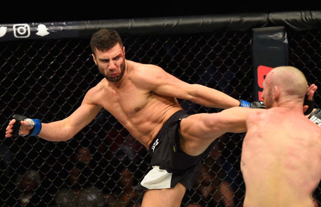 LAS VEGAS, NV - MARCH 04: (L-R) David Teymur of Sweden kicks Lando Vannata in their lightweight bout during the UFC 209 event at T-Mobile Arena on March 4, 2017 in Las Vegas, Nevada. (Photo by Josh Hedges/Zuffa LLC)