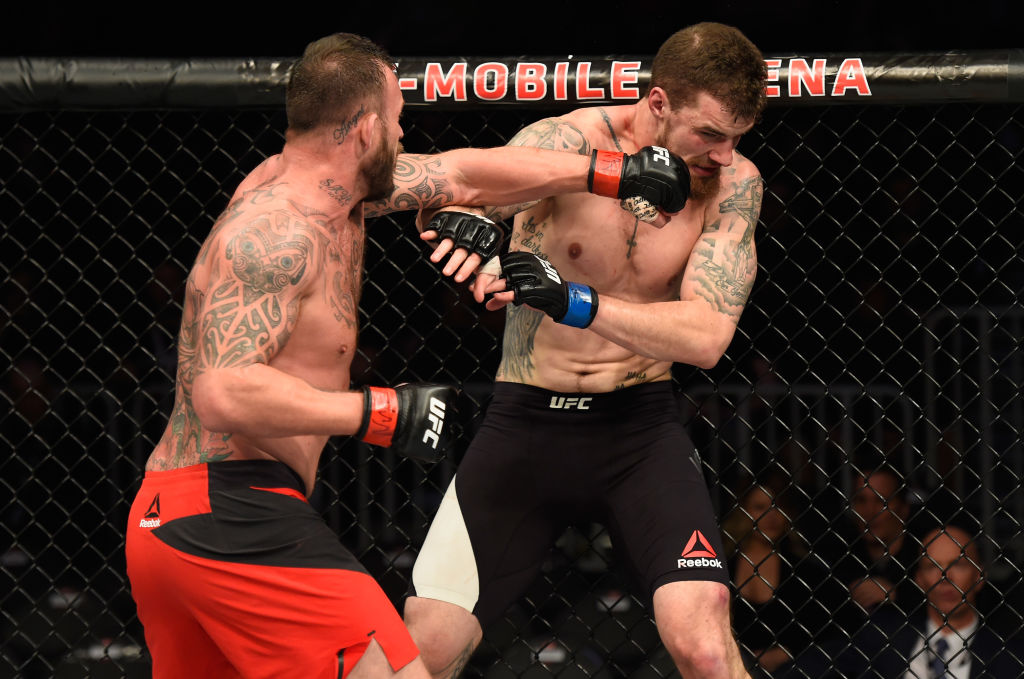 LAS VEGAS, NV - MARCH 04: (L-R) Mark Godbeer of England punches Daniel Spitz in their heavyweight bout during the UFC 209 event at T-Mobile Arena on March 4, 2017 in Las Vegas, Nevada. (Photo by Josh Hedges/Zuffa LLC)