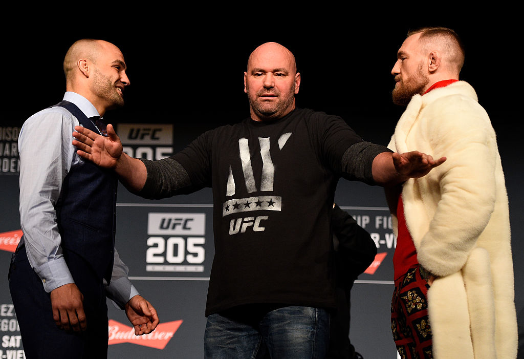 NEW YORK, NY - NOVEMBER 10: (L-R) Opponents Eddie Alvarez and Conor McGregor of Ireland face off during the UFC 205 press conference inside The Theater at Madison Square Garden on November 10, 2016 in New York City. (Photo by Jeff Bottari/Zuffa LLC)