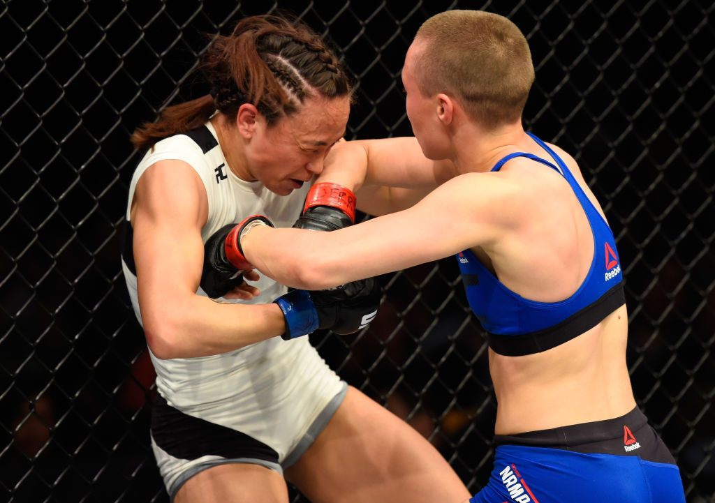KANSAS CITY, MO - APRIL 15: (R-L) Rose Namajunas elbows Michelle Waterson in their women's strawweight fight during the UFC Fight Night event at Sprint Center on April 15, 2017 in Kansas City, Missouri. (Photo by Josh Hedges/Zuffa LLC)