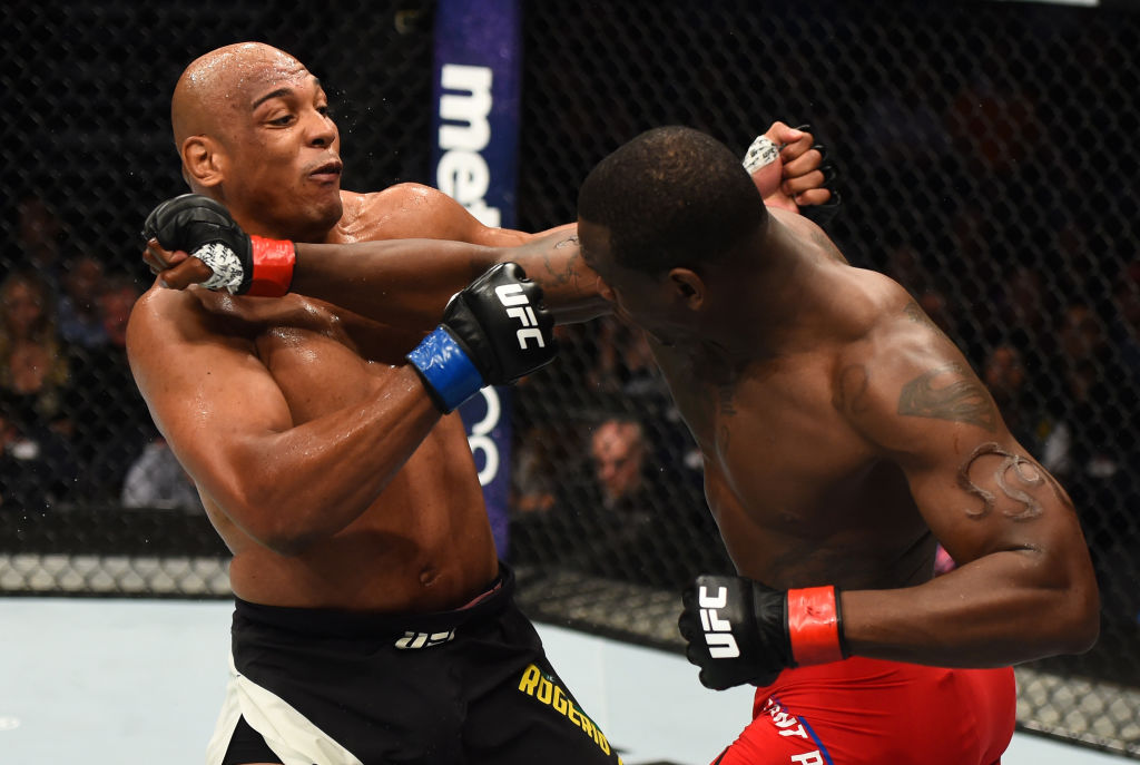 NASHVILLE, TN - APRIL 22: (R-L) Ovince Saint Preux punches Marcos Rogerio De Lima of Brazil in their light heavyweight bout during the UFC Fight Night event at Bridgestone Arena on April 22, 2017 in Nashville, Tennessee. (Photo by Jeff Bottari/Zuffa LLC)