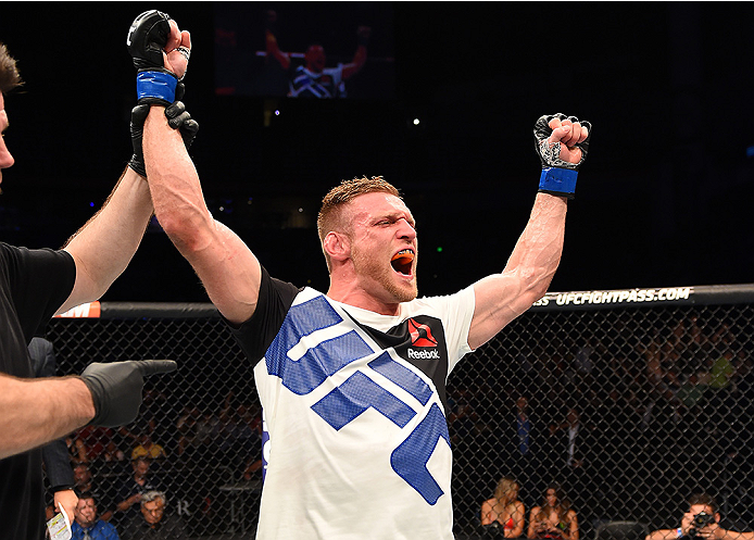 Scott Holtzman celebrates after his victory in his UFC debut in 2015