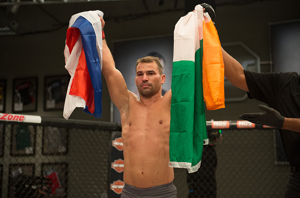 LAS VEGAS, NV - AUGUST 10: (L-R) Artem Lobov celebrates his victory over James Jenkins during the filming of The Ultimate Fighter: Team McGregor vs Team Faber at the UFC TUF Gym on August 10, 2015 in Las Vegas, Nevada. (Photo by Brandon Magnus/Zuffa LLC)