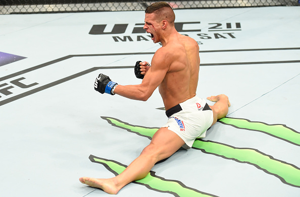 KANSAS CITY, MO - APRIL 15: Tom Duquesnoy of France celebrates his TKO victory over Patrick Williams in their bantamweight fight during the UFC Fight Night event at Sprint Center on April 15, 2017 in Kansas City, Missouri. (Photo by Josh Hedges/Zuffa LLC)