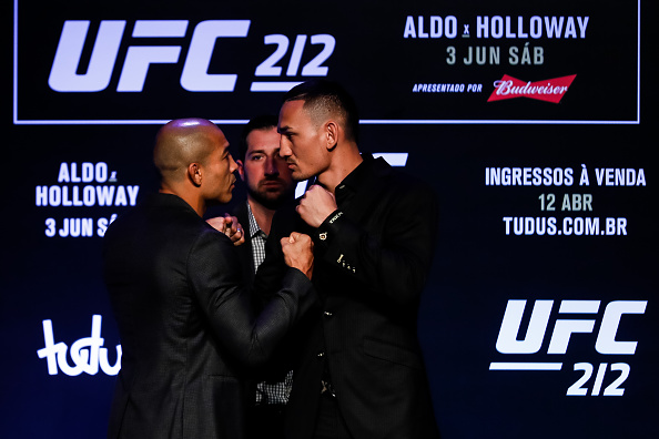 RIO DE JANEIRO, BRAZIL - APRIL 11: UFC Featherweight Champion Jose Aldo of Brazil (L) and challenger Max Holloway of the United States face off during the UFC 212 press conference at Morro da Urca on April 11, 2017 in Rio de Janeiro, Brazil. (Photo by Buda Mendes/Getty Images)