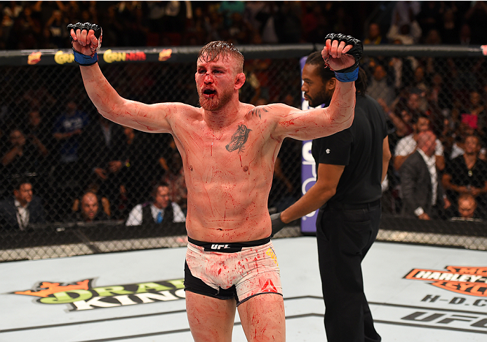 <a href='../fighter/Alexander-Gustafsson'>Alexander Gustafsson</a> poses after his thrilling five-round title fight against Daniel Cormier at UFC 192″ align=“center“/><br /><span class=