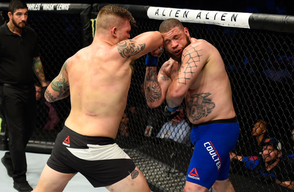 DALLAS, TX - MAY 13: (L-R) Chase Sherman elbows Rashad Coulter in their heavyweight fight during the UFC 211 event at the American Airlines Center on May 13, 2017 in Dallas, Texas. (Photo by Josh Hedges/Zuffa LLC)