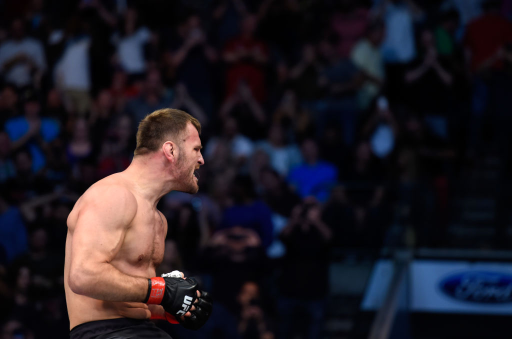 DALLAS, TX - MAY 13: Stipe Miocic celebrates his TKO victory over Junior Dos Santos in their UFC heavyweight championship fight during the UFC 211 event at the American Airlines Center on May 13, 2017 in Dallas, Texas. (Photo by Josh Hedges/Zuffa LLC)