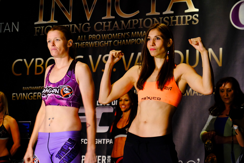 Tonya Evinger (left) and Irene Aldana (right) pose at the Invicta FC 13 weigh-in