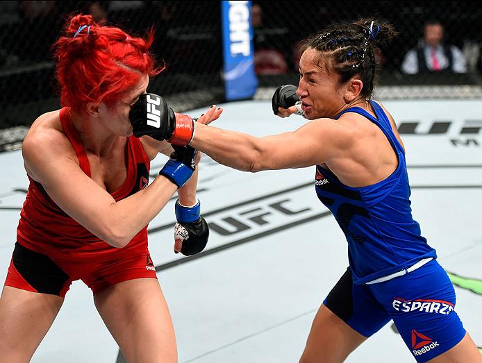 HALIFAX, NS - FEBRUARY 19: (R-L) Carla Esparza punches Randa Markos of Iraq in their women's strawweight fight during the UFC Fight Night event inside the Scotiabank Centre on February 19, 2017 in Halifax, Nova Scotia, Canada. (Photo by Josh Hedges/Zuffa LLC)