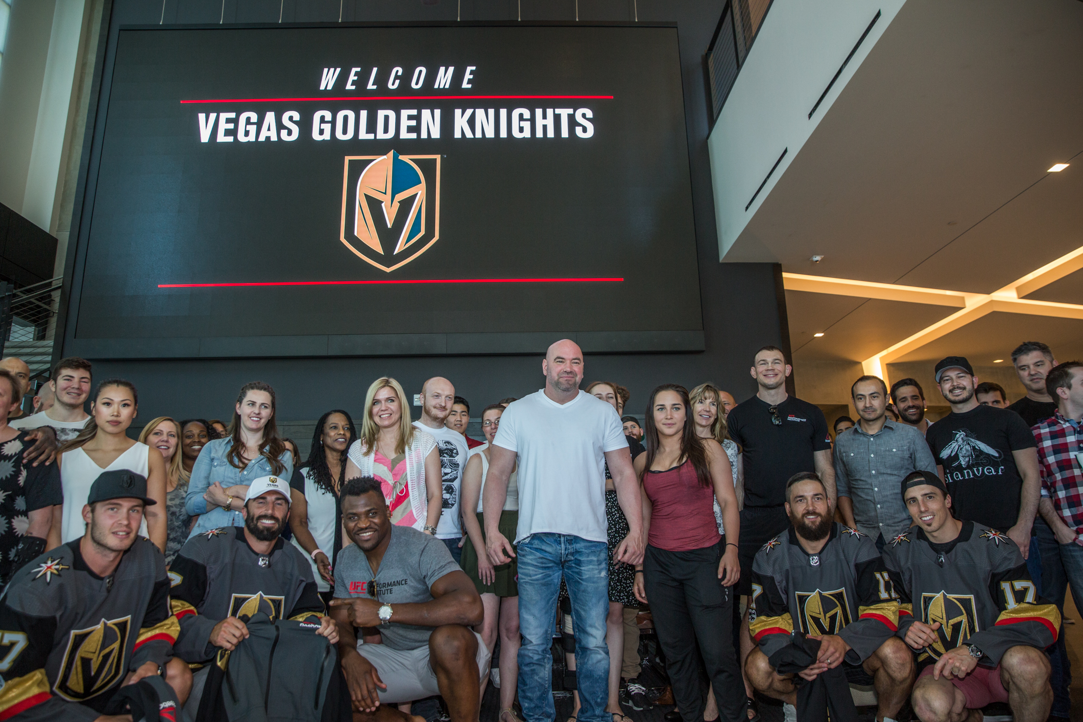 LAS VEGAS - JUNE 22: UFC president Dana White, heavyweight contender Francis Ngannou and UFC staff welcome members of the NHL's newest franchise, the Vegas Golden Knights, to town Thursday at UFC headquarters. (Elliott Howard/Zuffa LLC)