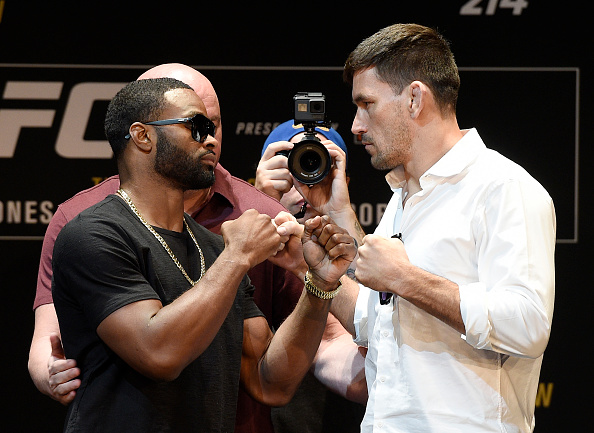 LOS ANGELES, CA - JULY 26: Tyron Woodley (L) and Demian Maia face off during the UFC 214 Press Conference at The Novo by Microsoft July 26, 2017, in Los Angeles, California. (Photo by Kevork Djansezian/Zuffa LLC )